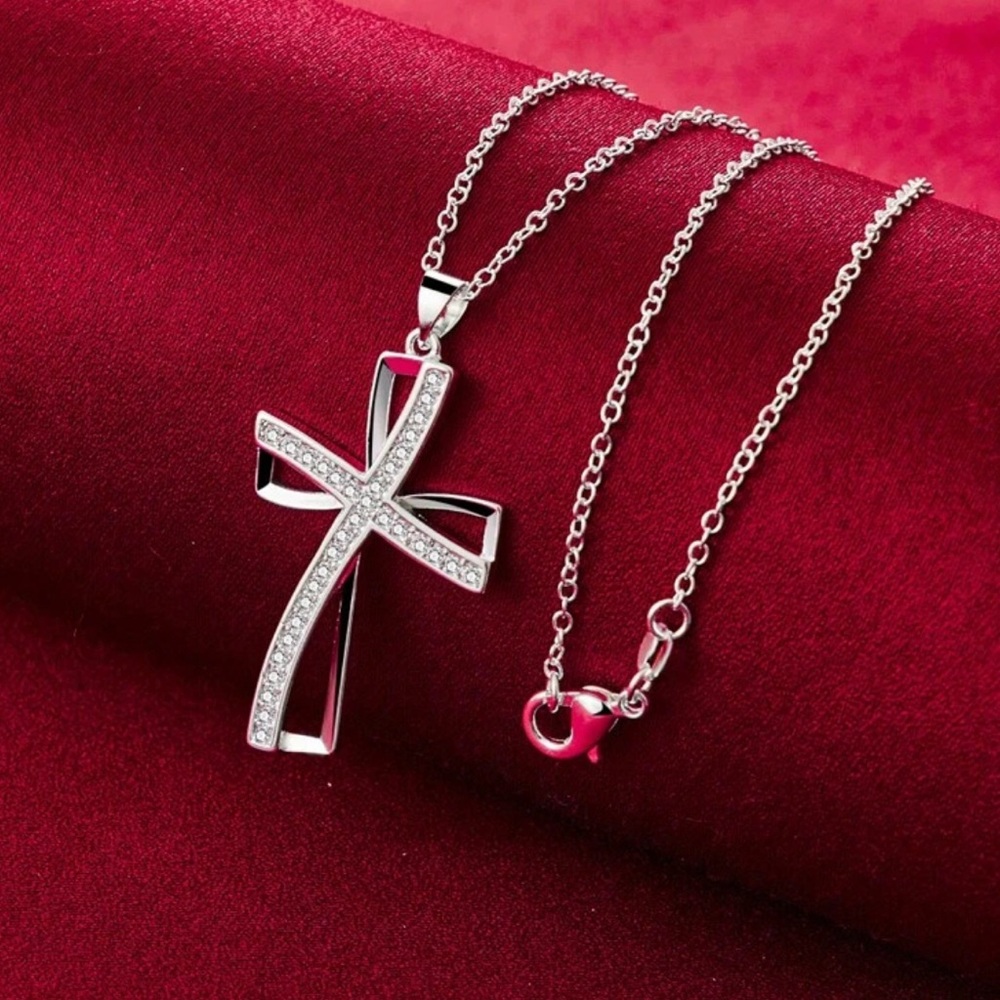 Silver Plated Cubic Zirconia Cross Pendant Necklace - Picture 3 of 4